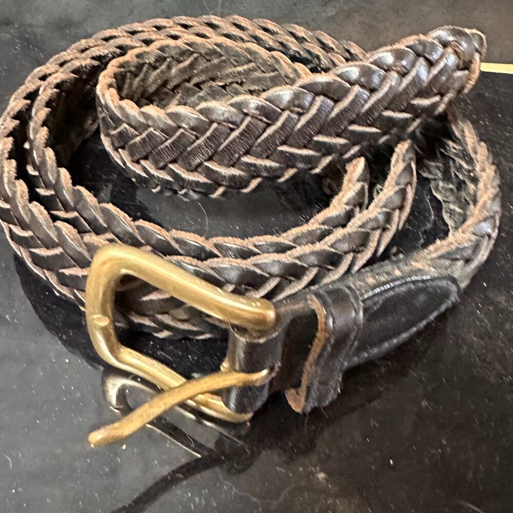 Vintage  Genuine Leather Braided Belt Brown Western   S-XL Brass Buckle